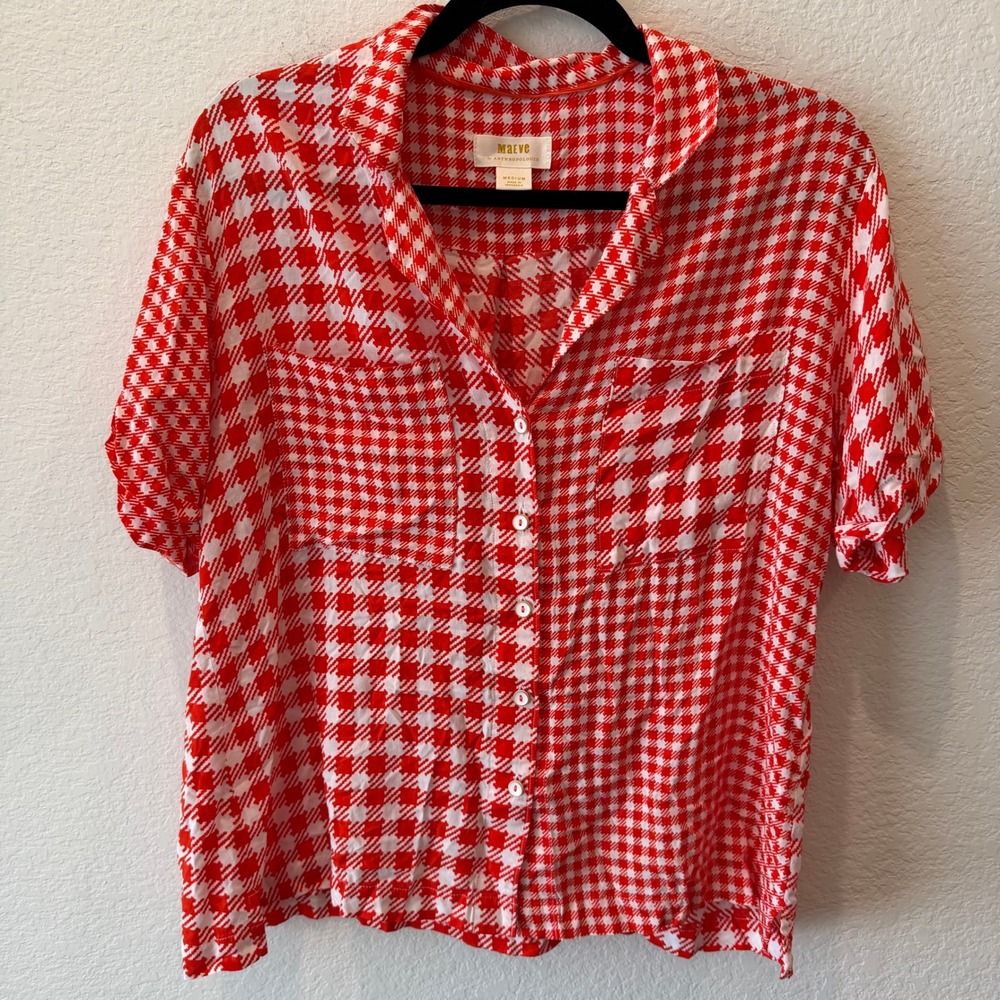 Maeve Anthropologie Red White Houndstooth Gingham Mixed Print Button Down Shirt